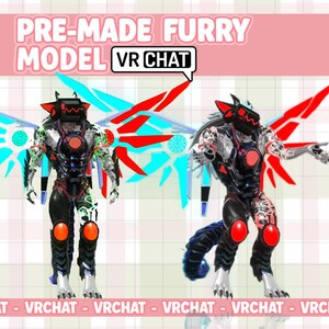 May include: Two digital furry models with robotic features, wings, and a tail. The models are black, red, white, and blue. The text "PRE-MADE FURRY MODEL VR CHAT" is displayed at the top and "VRCHAT" at the bottom.