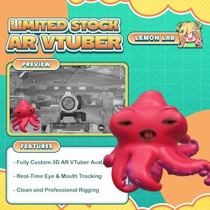 Peut inclure: Graphique promotionnel pour un AR VTuber. L'image présente un personnage rouge en forme de poulpe, un aperçu d'un jeu et le texte "LIMITED STOCK AR VTUBER". Le texte supplémentaire comprend "PREVIEW", "FEATURES" et "LEMON LAB".