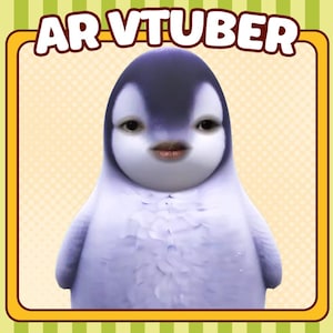 Peut inclure: Illustration numérique d'un pingouin aux traits humains, sur fond jaune et vert. Le pingouin a une tête bleu foncé et un corps blanc. Le texte "AR VTUBER" est affiché en haut de l'image.