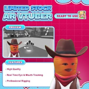 May include: A promotional image for an AR VTuber. The image features a cartoon carrot character wearing a cowboy hat, vest, and red bandana. Text includes "LIMITED STOCK AR VTUBER", "READY TO USE", and a list of features: "High Quality", "Real Time Eye & Mouth Tracking", and "Professional Rigging".