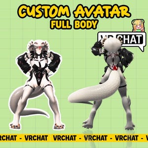 Może przedstawiać: Cyfrowa ilustracja przedstawiająca dwa pełne awatary. Awatary są białe z czarnymi akcentami, z reptiliańskim designem. Tekst zawiera "CUSTOM AVATAR FULL BODY" i "VR CHAT". Tło to jasna zielona siatka.