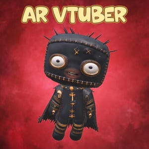 May include: A black doll with large white eyes, a stitched mouth, and gold accents on its body and cape. The doll features a square-shaped head with spikes and wears a dark outfit with gold embroidery. The text AR VTUBER appears above the doll.