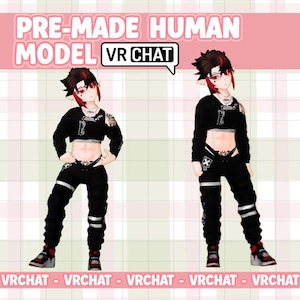 Puede incluir: Dos avatares digitales en una imagen promocional. Los avatares visten tops cortos negros, pantalones negros y zapatillas rojas y negras. El texto "PRE-MADE HUMAN MODEL VR CHAT" se muestra en la parte superior, con "VRCHAT" repetido en la parte inferior.