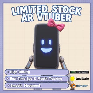May include: A digital avatar with a black screen face, a pink bow, and robotic arms. The screen displays a smiling face with glowing blue eyes and mouth. Text at the top reads "LIMITED STOCK AR VTUBER". Additional text highlights features like "High Quality".