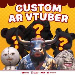 May include: A digital graphic featuring the text CUSTOM AR VTUBER in white letters with red outlines. Below, a central bull character in a patterned shirt is surrounded by various figures, including a white stitched doll and a rock-like creature.