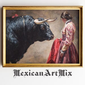 May include: A framed painting depicting a black bull facing a person in a pink and red dress. The person is holding a red cloth. The painting is in a gold frame. The text "Mexican Art Mix" is at the bottom.