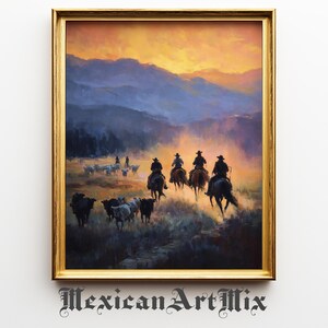 May include: An oil painting in a gold frame depicts cowboys on horseback herding cattle at sunset. The sky transitions from orange to blue, with mountains in the background. The text "Mexican Art Mix" is at the bottom.