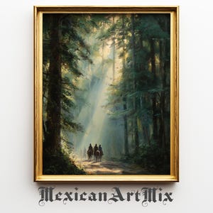 Könnte beinhalten: Gerahmtes Gemälde einer sonnendurchfluteten Waldszene mit hohen Bäumen und einem Weg. Drei Reiter auf Pferden reiten den Weg entlang. Das Gemälde ist in einem goldenen Rahmen, mit dem Text "Mexican Art Mix" unten.