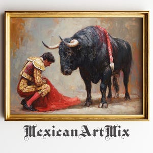May include: Oil painting of a bullfight scene. A matador kneels before a large black bull with curved horns. The matador wears a red and gold suit. A red cape is on the ground. The painting is in a gold frame. The text "Mexican Art Mix" is at the bottom.