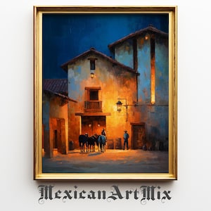 May include: A framed painting depicting a nighttime scene of a Mexican village square. The artwork features buildings with warm lighting, figures, horses, and the text "Mexican Art Mix" at the bottom.