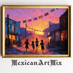 Mexican Sunset Village Plaza - Festive Child Silhouette Art, Moody Lively Evening Scene, Colorful Printable, Digital Wall Art 36