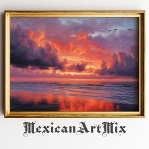 Gulf Coast Sunset Seascape Wall Art - Dramatic Coastal Painting, Moody Romantic Mexican Seaside, Printable Romantic Digital Decor 12
