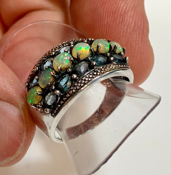 Amazing blue topaz and fire opal multi stone ring