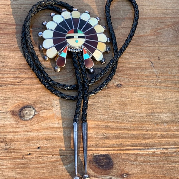 Amazing T P Begay bolo tie inlaid gemstones mosaicFabulous piece