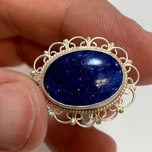 Blue lapis and sterling silver filigree statement ring