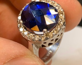 Sterling Silver Blue Sapphire Ring with Quartz - Size 6 3/4