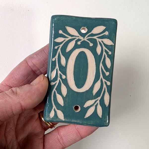Rustic Ceramic House Number, Green Folky Leaf Sgraffito Tile, Handmade Outdoor Address Sign, Single Botanical Number Plate, Pick Your Number