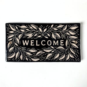Handmade Ceramic House Plaque: Custom Address Sign with Leaf Pattern