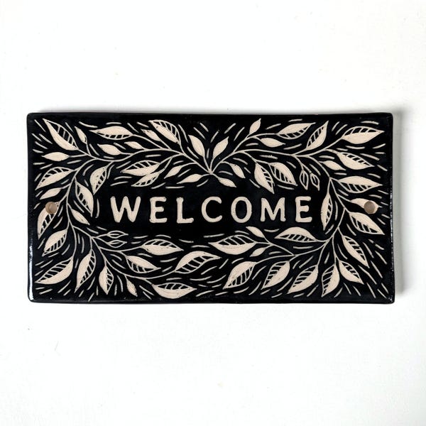 Handmade Ceramic House Plaque: Custom Address Sign with Leaf Pattern