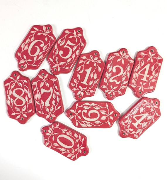 Custom Ceramic House Numbers, Red Sgraffito Leaf Address Tile, Handmade Outdoor Sign, Pick Your Numbers, Individual Ceramic Address Plate