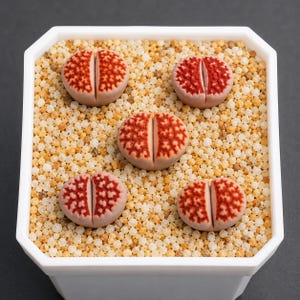 May include: Five small, round, succulent plants with a split top surface featuring a textured, reddish-orange pattern on a light beige base. These plants are arranged in a white, square-shaped planter filled with small, light-colored gravel.
