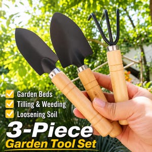 May include: A 3-piece garden tool set featuring two black metal trowels of different sizes and a three-pronged black metal cultivator, each with a light-colored wooden handle. Text on the image reads: Garden Beds, Tilling & Weeding, Loosening Soil, 3-Piece Garden Tool Set.