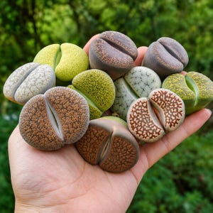 May include: A collection of ten small, pebble-shaped Lithops succulents in various colors including shades of green, brown, gray, and tan. Each plant features a distinct split down the center and a unique textured surface pattern of dots or lines.