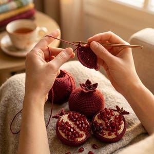 May include: A selection of crocheted pomegranates, including whole and halved versions, in shades of burgundy and cream. The image also shows a ball of yarn, a partially crocheted leaf, and a crochet hook, suggesting a crafting project. The scene is set indoors.