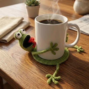 Puede incluir: Una taza de cerámica blanca llena de café oscuro, colocada sobre un posavasos de rana verde hecho a mano. La rana tiene ojos grandes, una lengua roja y brazos y piernas extendidos. Sale vapor del café.