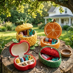 May include: A collection of handmade crochet sewing kits shaped like fruits: a pineapple, orange, apple, and watermelon. Each kit is open, revealing spools of thread, scissors, and buttons. The kits are displayed on a tree stump outdoors, with a house in the background.