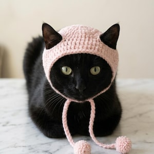 May include: A light pink crocheted bonnet with ear cutouts and two dangling braided ties, each finished with a small pom-pom at the end. The bonnet is designed to fit over the head and ears, featuring a textured yarn construction.