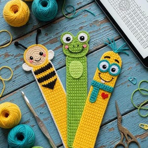 Puede incluir: Marcadores de ganchillo con forma de abeja, rana y un personaje de dibujos animados con gafas, dispuestos sobre una superficie de madera azul desgastada. El marcador de abeja es amarillo y negro, la rana es verde y el personaje es amarillo. También hay ovillos de lana y herramientas de ganchillo.