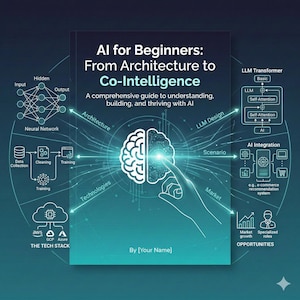 Könnte beinhalten: Buchcover mit dem Titel "AI for Beginners: From Architecture to Co-Intelligence". Es zeigt ein Gehirn-Grafik mit einem Finger, der darauf zeigt, umgeben von Diagrammen und Text über KI-Konzepte.