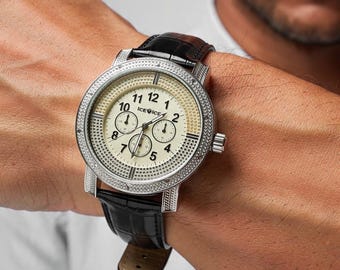 Men's Diamond Watch with Gold-Tone Dial and Black Leather Strap Genuine Diamond