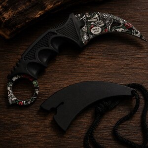 Karambit Style Fixed Blade Knife with Sheath Black Tactical Curved Blade Neck Knife