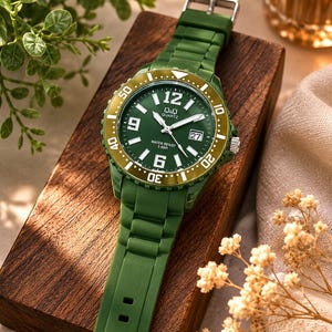 Puede incluir: Un reloj de pulsera de cuarzo Q&Q con correa de silicona verde oliva mate y esfera verde a juego. El reloj cuenta con un bisel giratorio en tono dorado con n&uacute;meros negros, manecillas luminosas blancas, marcadores de hora blancos y ventana de fecha.