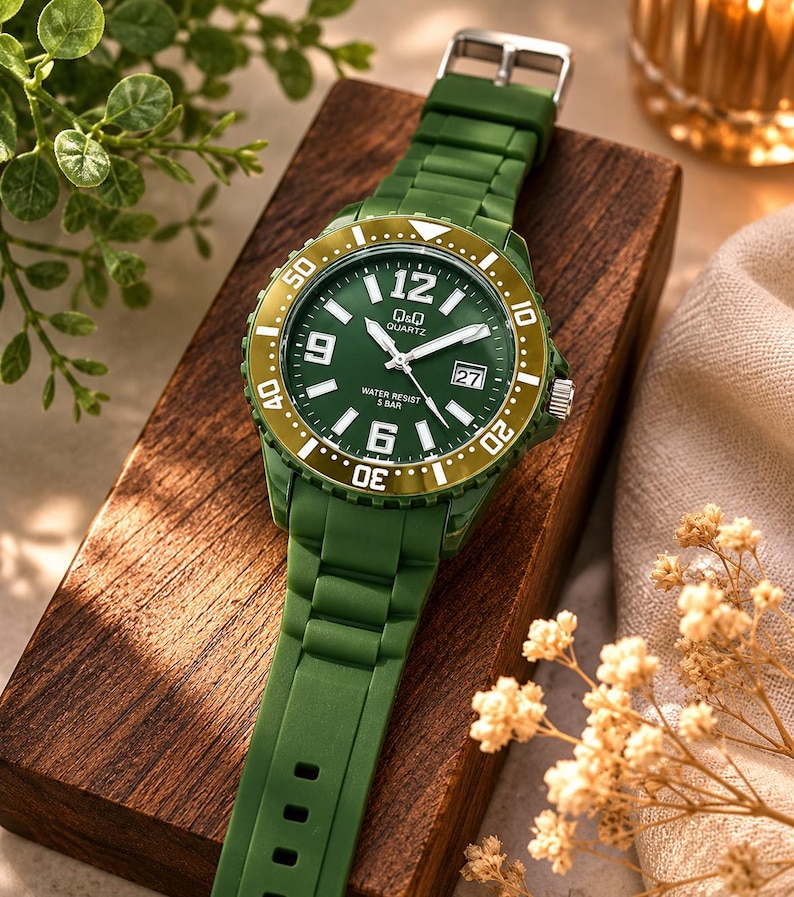 Puede incluir: Un reloj de pulsera de cuarzo Q&Q con correa de silicona verde oliva mate y esfera verde a juego. El reloj cuenta con un bisel giratorio en tono dorado con n&uacute;meros negros, manecillas luminosas blancas, marcadores de hora blancos y ventana de fecha.