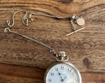 Vintage Elgin Pocket Watch with Chain – Visible Mechanical Movement, Classic Design