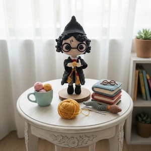 Puede incluir: Una muñeca de ganchillo con pelo negro, gafas redondas, una cicatriz de rayo y una túnica negra. La muñeca sostiene una pequeña esfera dorada. Cerca hay una taza azul claro, tres libros de ganchillo, una varita y un ovillo de lana amarillo.