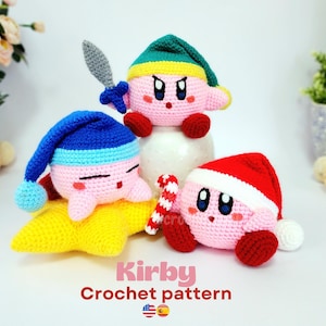May include: Three crocheted Kirby characters in different outfits. One wears a blue nightcap and rests on a yellow star. Another holds a sword and wears a green hat. The third has a Santa hat and a candy cane. The text "Kirby Crochet pattern" is at the bottom.
