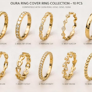 May include: A collection of ten gold-colored Oura ring covers, each with a unique design. Styles include twisted rope, bezel set stone, marquise cut, wavy scallop, hammered finish, chain link, heart cutout, pavé eternity, leaf design, and beaded band. Text reads: OURA RING COVER RING COLLECTION - 10 PCS.
