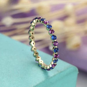 Sterling Silver Amethyst & Sapphire Wedding Band: Eternity Stacking Ring