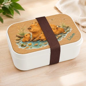 Personalized Capybara Watercolor LunchBox | Wood Silicone Bento Box for Kids | Cute Custom Stackable Lunch Box | Gift for Student
