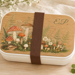 Personalized Cottagecore Lunch Box for Adults | Wood Silicone Bento Box | Custom Stackable LunchBox | Whimsical Woodland Mushrooms