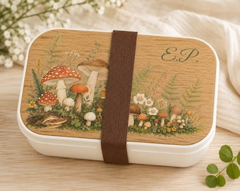 Personalized Cottagecore Wood Silicone Bento Box for Adults | Custom Stackable LunchBox | Whimsical Woodland Mushrooms