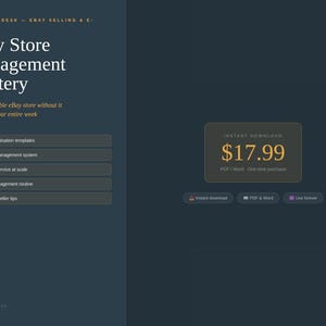 May include: A digital product advertisement for eBay Store Management Mastery. The graphic features the title, bullet points outlining key features, and a price tag of $17.99. The background is a dark blue with orange accents.