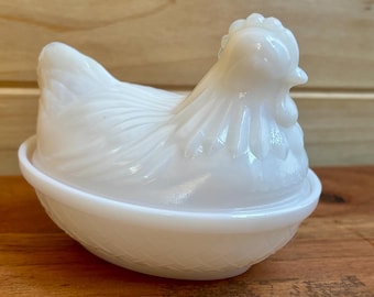 Vintage opalescent milk glass “Hen on Nest” lidded dish
