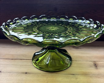 vintage Anchor Hocking Fairfield avocado green glass cake stand