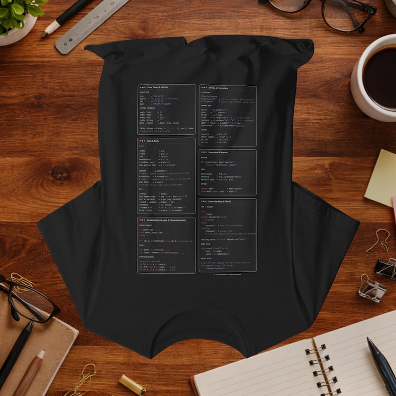 Camiseta com Guia de Sintaxe Básica de Python | Referência Vestível para Estudantes de Programação | Guia de Sintaxe de Programação Impresso de Cabeça para Baixo para Leitura imagem 2