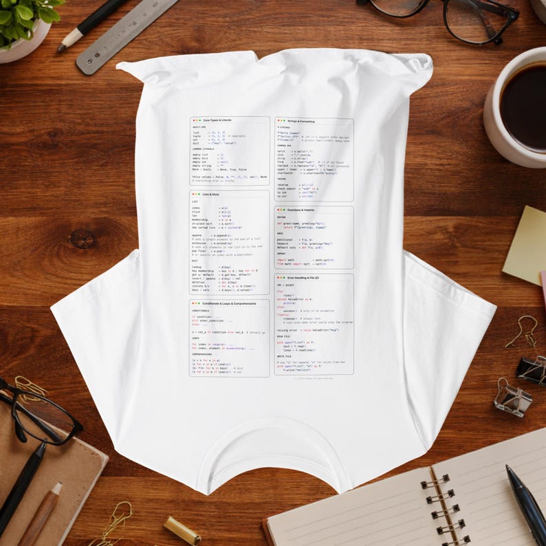 Camiseta com Guia de Sintaxe Básica de Python | Referência Vestível para Estudantes de Programação | Guia de Sintaxe de Programação Impresso de Cabeça para Baixo para Leitura imagem 1